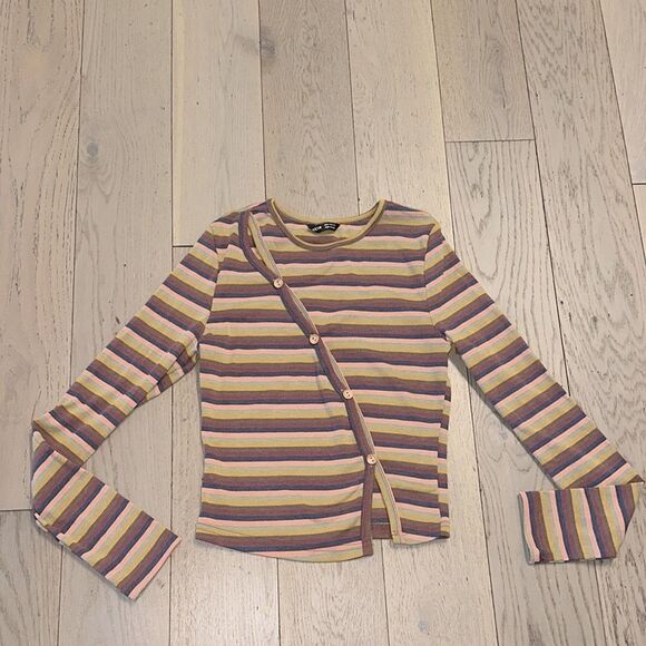 Striped Long Sleeve Cropped Top with Button Front Detail. NWOT- Never Worn - Picture 5 of 6